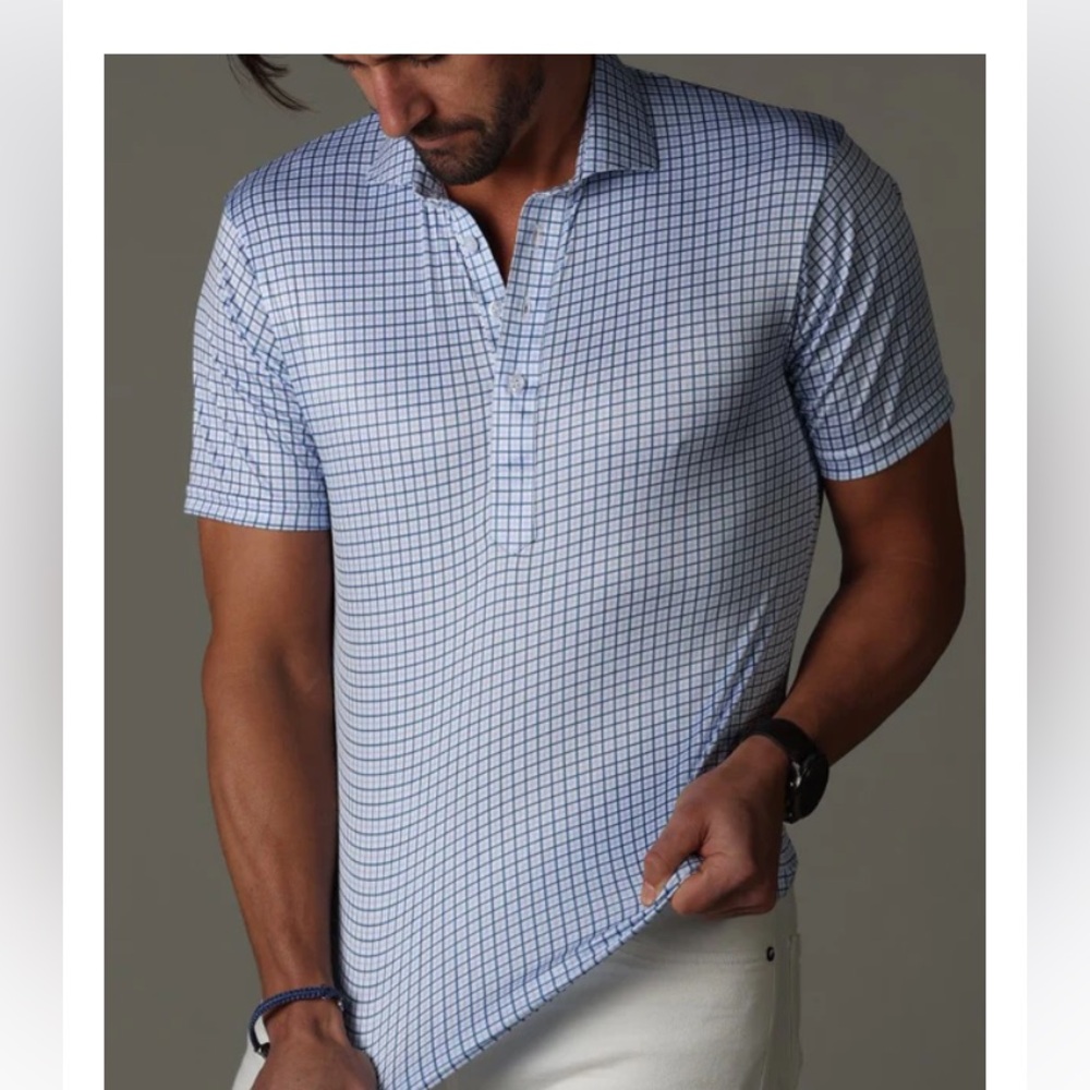 NWT Collars & Co. Semi-Spread Collar Polo Blue Tattersall Mens Size Medium Tall - Picture 5 of 11
